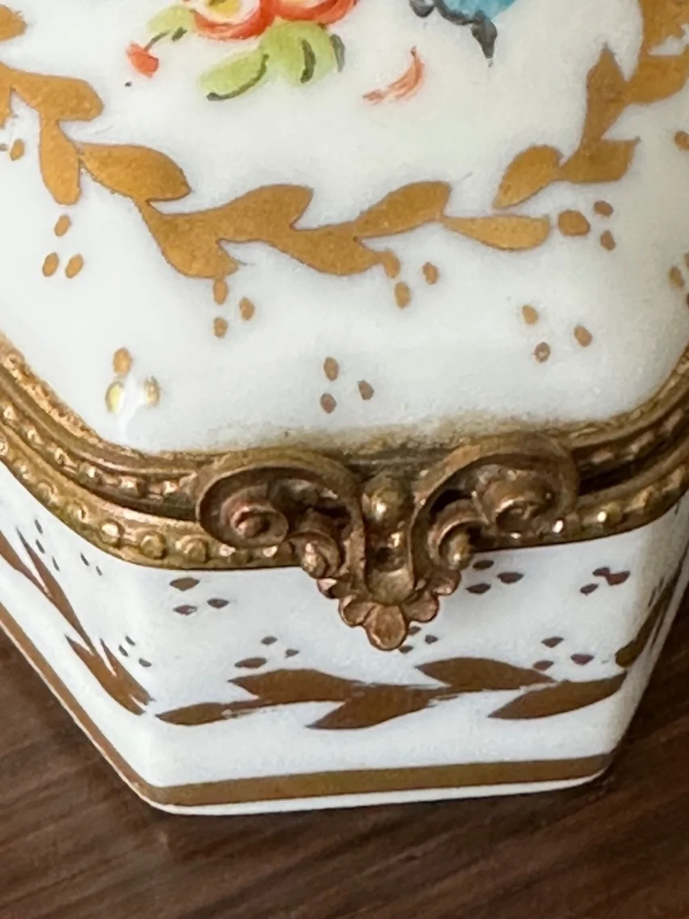 VTG Limoges France Porcelain Hexagon Trinket Box Hand Painted Floral Gold